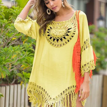 

Beach Pareo Women Swimwear Saida De Praia Bathing Suit Cover Ups Dress New 2020 Big Circular Stitching Loose Patchwork Acrylic
