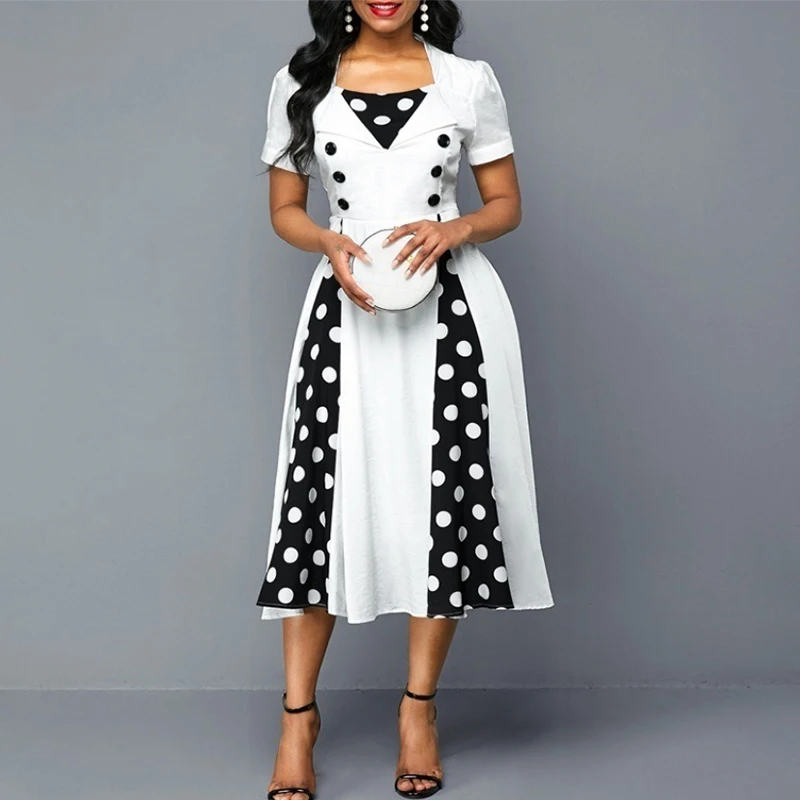 

OTEN 2020 Summer Woman Dresses Vintage Patchwork Button Polka Dots Hepburn Style A-Line Printed Retro 50S 60S Swing Party Female