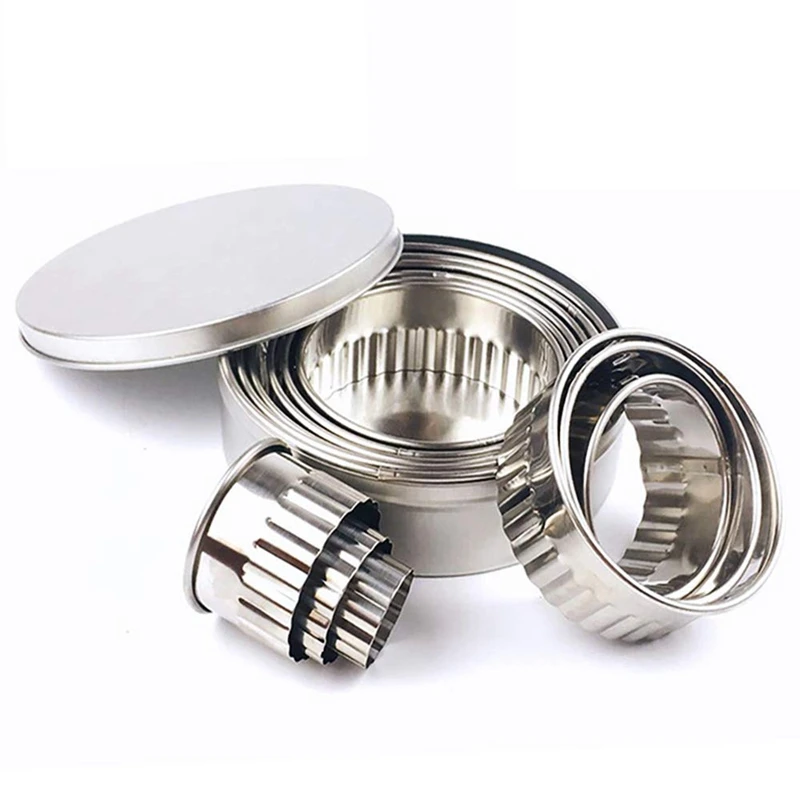 

AFBC Stainless Steel Fluted Edge Round Cookie Biscuit Cutter Set 12 Pieces Graduated Ring Sizes