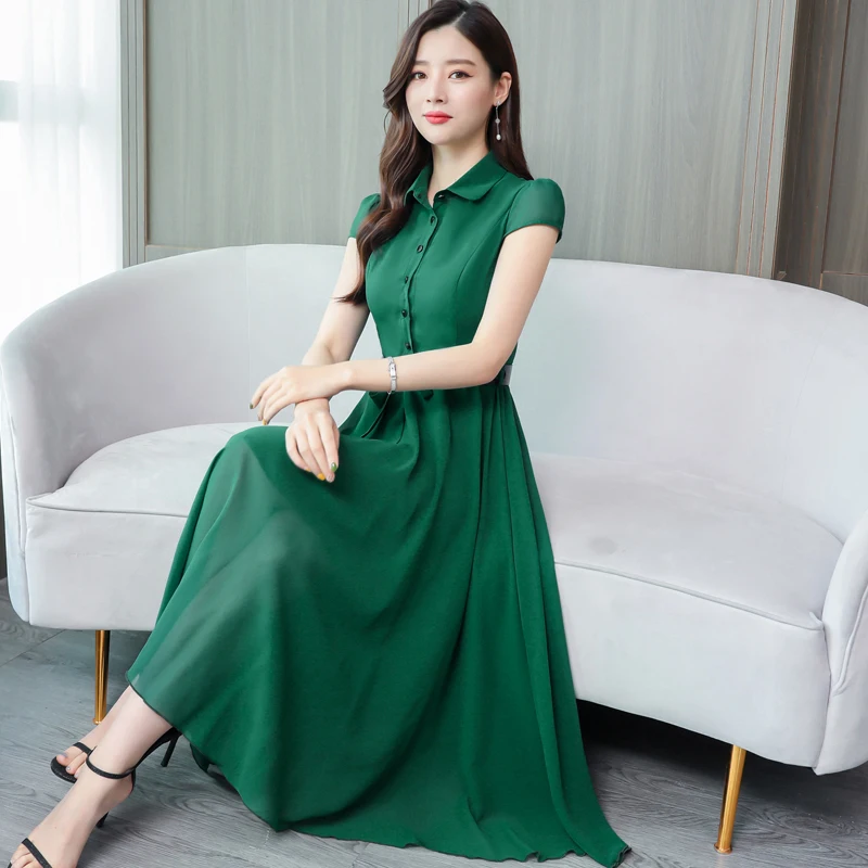 

2019 New Summer Short Sleeve Dresses Women Chiffon Dresses With Button Female Solid Turn-down Collar High Waist Plus Size Dress