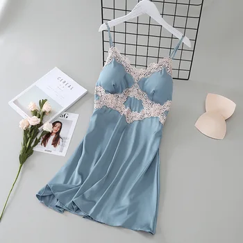 

Women Loose V-neck Sleep Dress Nighty Sexy Sleeveless Nightgown Nightdress Backless Nightie Satin Lace Trim Lounge Sleepwear