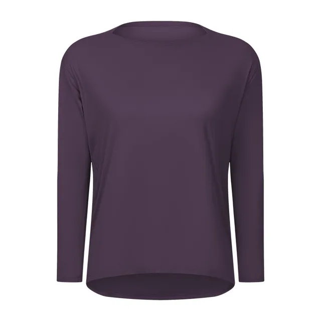 Lulu Fitness Women Long Sleeve Yoga Shirt Female Sport Yoga Top Slim Gym Clothing Solid Color Loose Casual Plus Size Breathable Purple sand