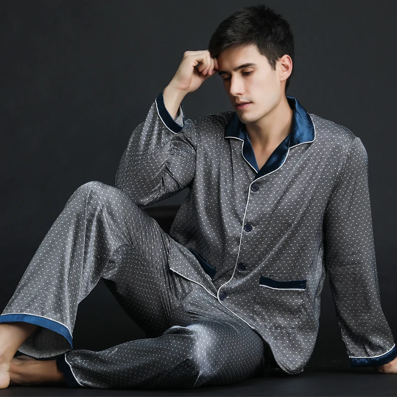 

Spring Men's Satin Silk Pyjamas Sets Men Long-Sleeve Pajamas Male Sexy Sleepwear Leisure Home Clothing Plus Size Free delivery
