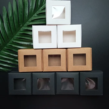 

50pcs Color Kraft Paper Gift Box Transparent PVC Window Soap Box Candy Cookies Package Box Christmas Birthday Party Gift Package