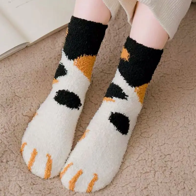 

Women Fluffy Fuzzy Slipper Socks Kawaii Meow Cat Paw Coral Velvet Warm Hosiery