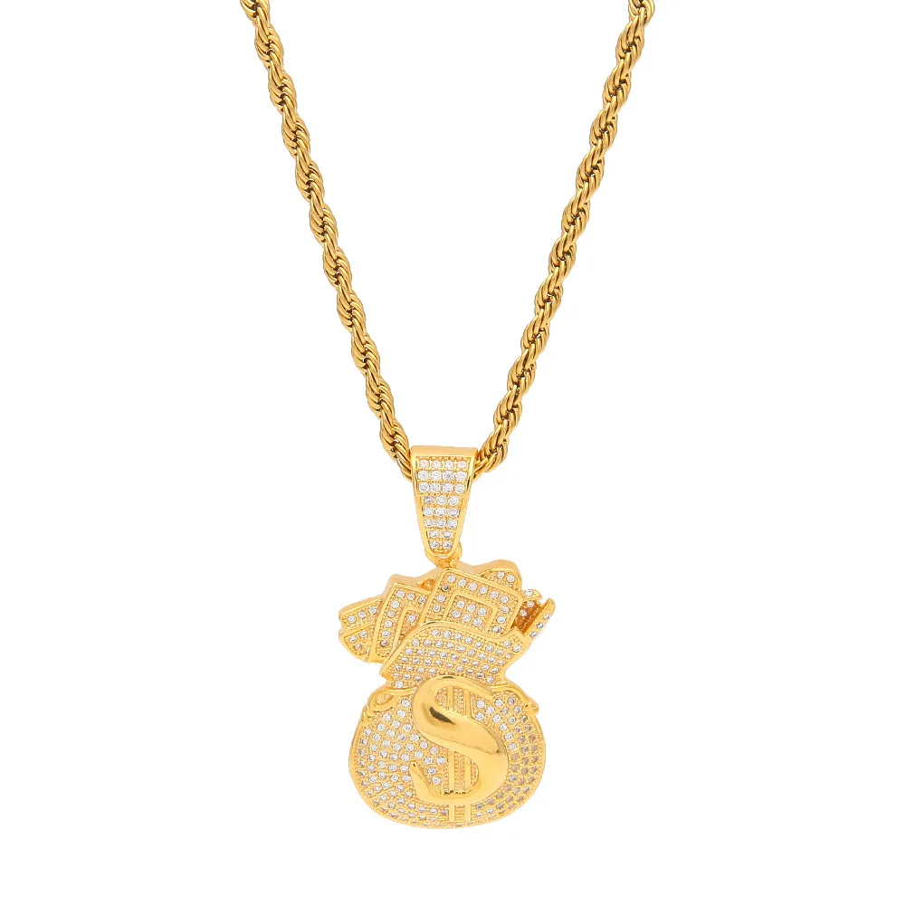 Hip Hop Zircon Necklace Money Bag Pendant Chain Gold Silver Men Trendy Rhinestone Boutique Jewelry Accessories Gift | Украшения и