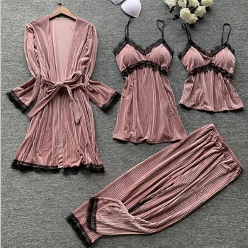 

Women New Velour Pajamas Set Autumn Winter 4PCS Sleepwear Female Velvet Pyjamas Suit Casual Sleep Set Loose Home Clothing