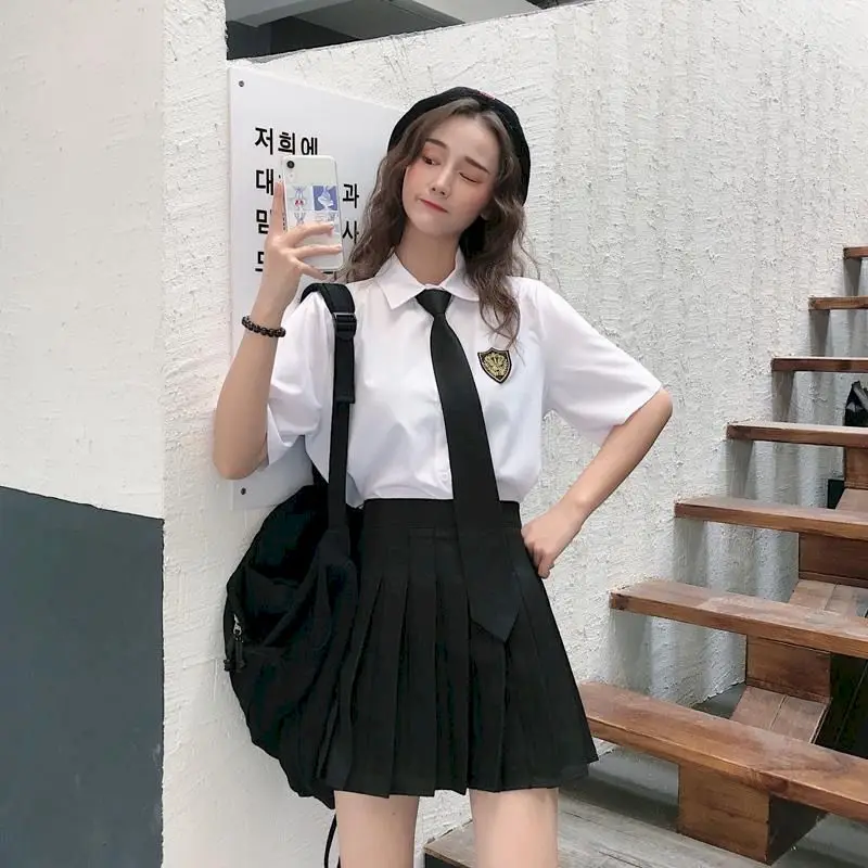 School Girl Uniform Two-piece College Style Pleated Skirt Suits Women Summer Loose Shirt Korean Uniform