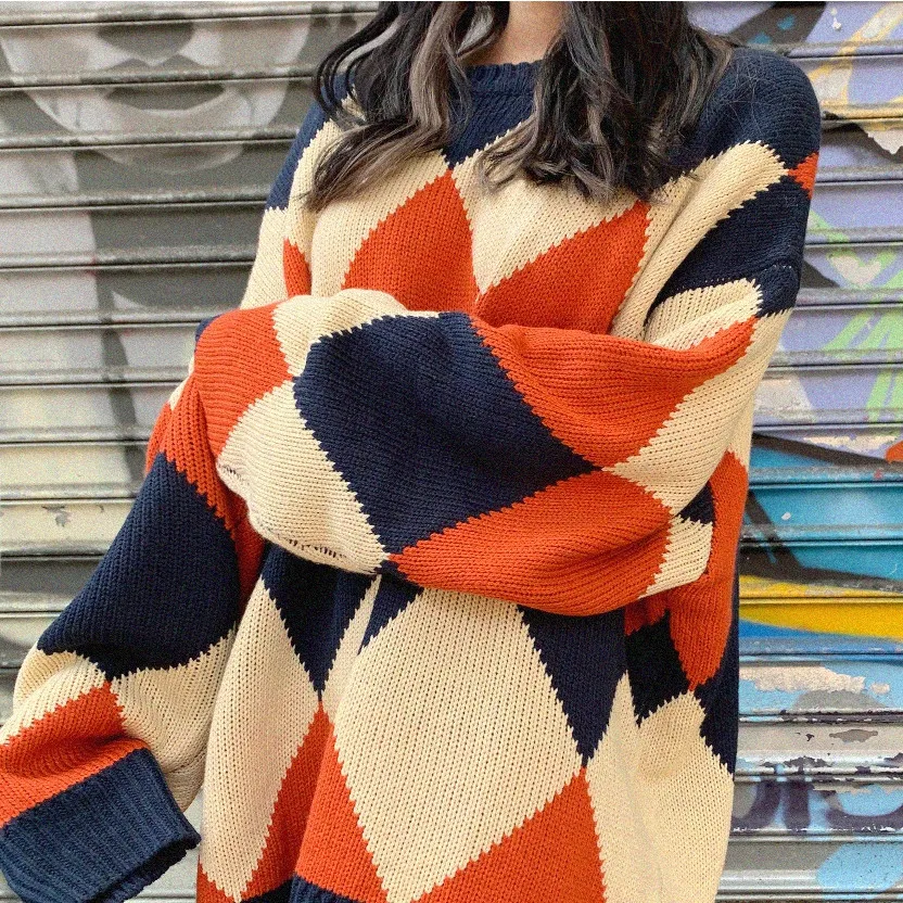 

Spot in the autumn and winter long wool sweater Han Guochao loose big yards color diamond lattice languid is lazy loose hair dre
