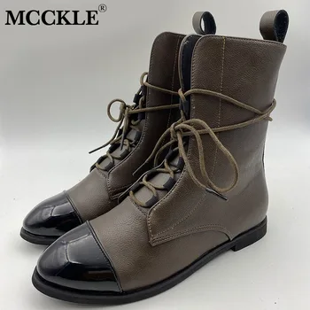 

MCCKLE New Women PU Leather Ankle Boots Ladies Lace Up Fashion Boots Woman Pointed Toe Short boots Female Solid Shoe Plus Size