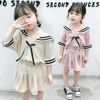 

DFXD 2020 Summer Girls Clothes Set Chiffon Suit Navy Collar Half Sleeve Tops Tutu Skirt 2pc Toddler Skirt Sets For 2-7T Outfit