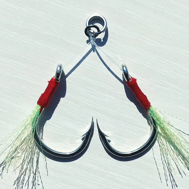 Mustad hooks 2 пары крючки mustad 3/0 5/0 7/0 нейлоновая линия медленный крючок с пером вспомогательный двойной крючок для соленой воды инчику Вибрационный крючок - Цвет: Mustad hooks
