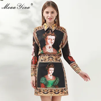 

MoaaYina Fashion Set Women Long sleeve Vintage Queen Print Shirt Tops+Skirt Elegant Two-piece set
