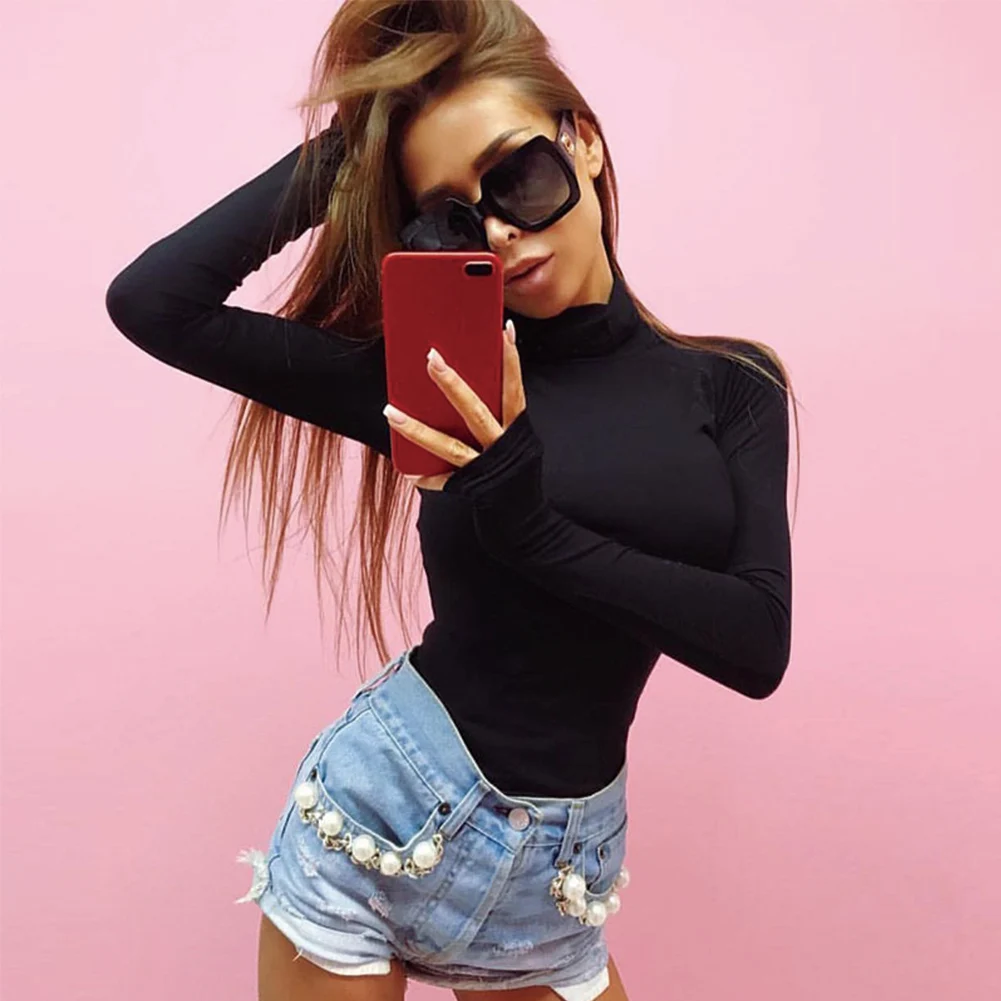 

Skinny Jumpsuit Long Sleeve High Neck Autumn Slim Cotton Bodysuit