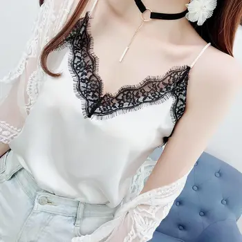 

Bella Philosophy Women Satin Silk Lace Summer Tank Tops Camis Vest Blouse Casual Lady V-Neck Sleeveless Straps Vest Shirt