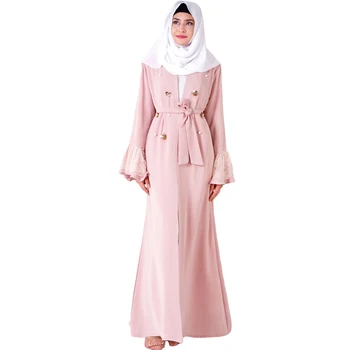 

Siskakia Flower Sequins Beaded Kimono Abaya Muslim Pink Lace Patchwork Flare Long Sleeve Cardigan Robe Dubai Arab Islam Clothing