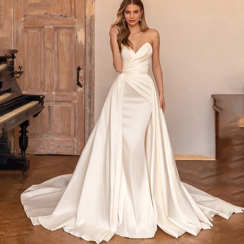 beach wedding dresses Elegant Satin Mermaid Wedding Dress Detachable Train Off Shoulder 2022 Bridal Gown Sexy V-Neck Wedding Gown Robe De Mariée short wedding dresses