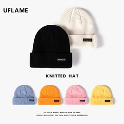UFLAME Women's Winter Hat Letter Lable Knitted Cap Unisex Hip Hop Skullies Gorro Thick Warm Brimless Beanie Solid Couple Bonnet