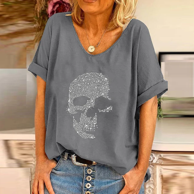 T-shirt Women's Spring Long Sleeve Large Size Tops Casual Loose Short Sleeve Tshirt Skull Print Female V-neck T-shirts 2021 gray