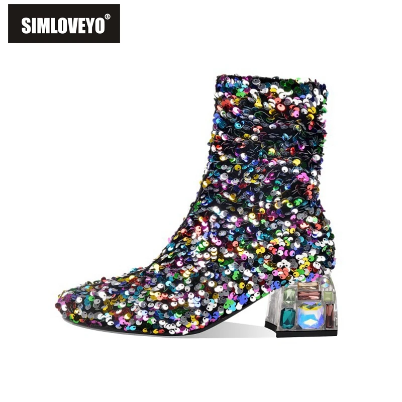 SIMLOVEYO осенне зимние женские ботинки до середины икры с квадратным носком 4 см