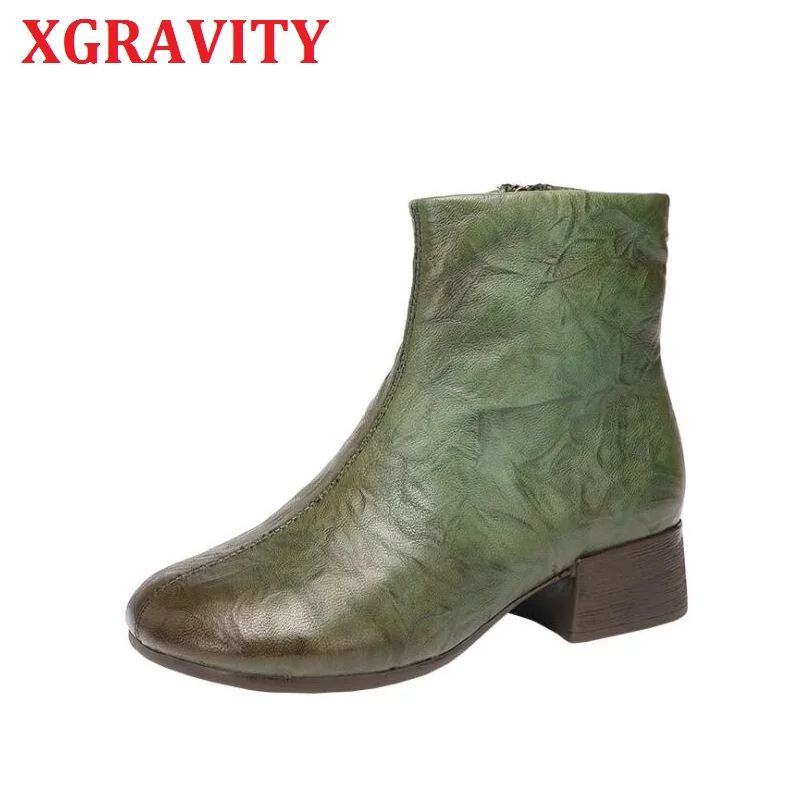 

XGRAVITY Hand-made Vintage Chunky Heel Boots Green Genuine Leather Shoes Fashion Women Boots Round Toe Retro Female Footwear S70