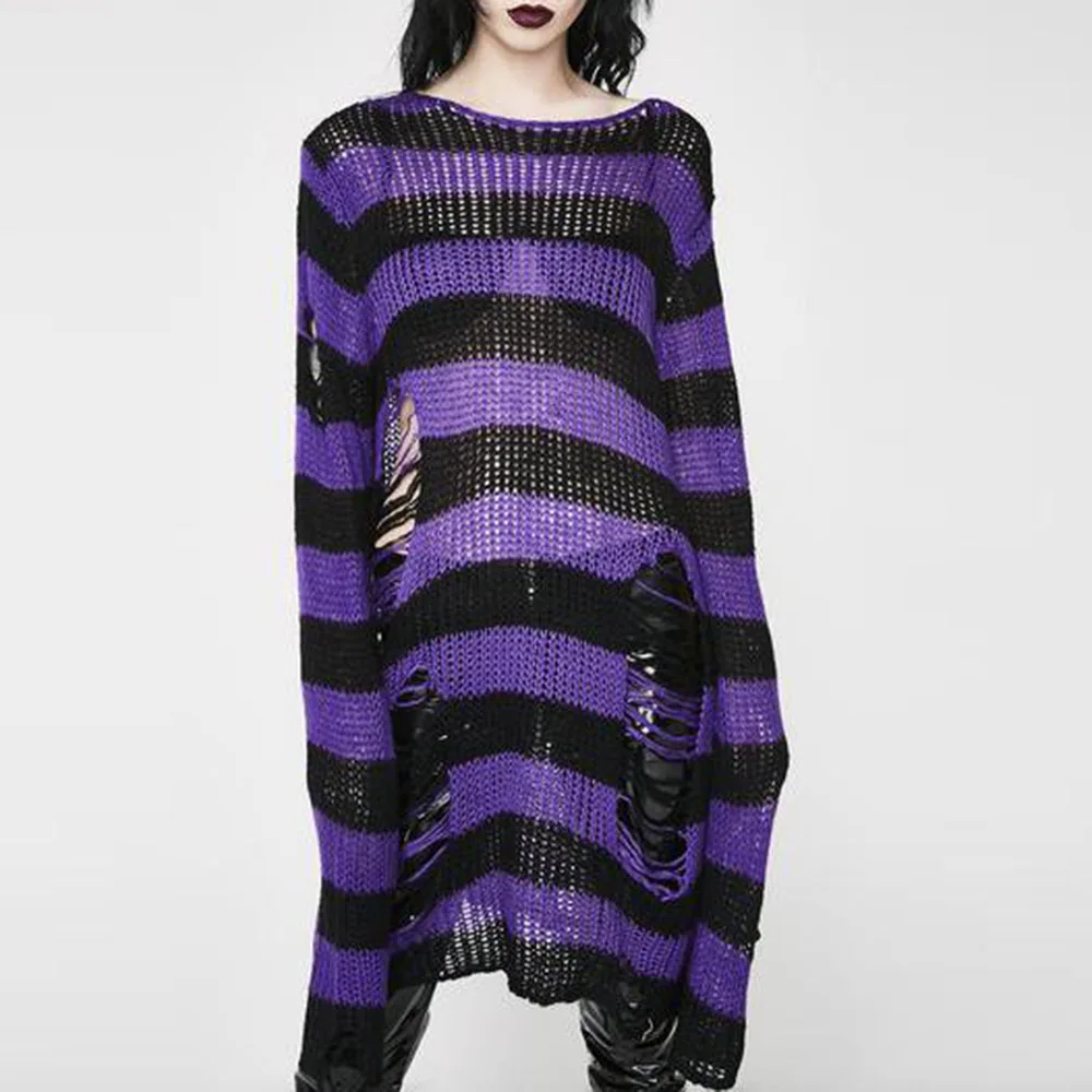 

Spring Autumn Oversized Knitted Sweater Women Pullovers Striped Long Loose Sexy Sheer Top Ripped Plus Size Sweaters Jumpers