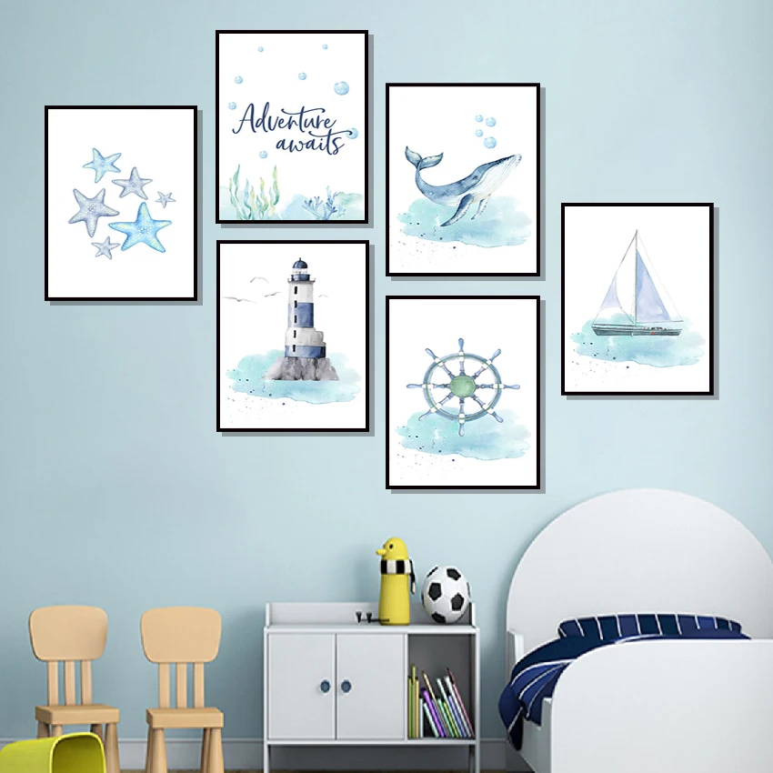Nautical-Sea-Nursery-Child-Poster-Whale-Ship-Canvas-Wall-Art-Print-Painting-Nordic-Kid-Decoration-Picture