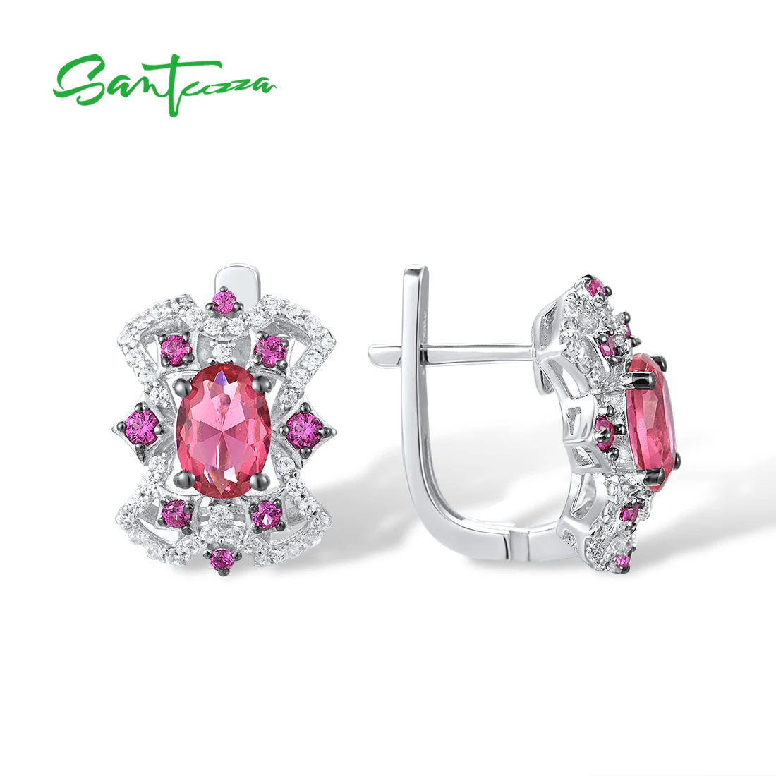 SANTUZZA 925 Sterling Silver Earrings For Women Sparkling Pink Red Stones White CZ Stud Earrings Elegant Gorgeous Fine Jewelry