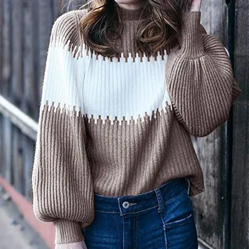 

Autumn High Neckline Ribbed Color Block Women Sweaters Lantern Sleeve Loose Warm Sweater Female 2020 Fashion Casual Ladies Tops