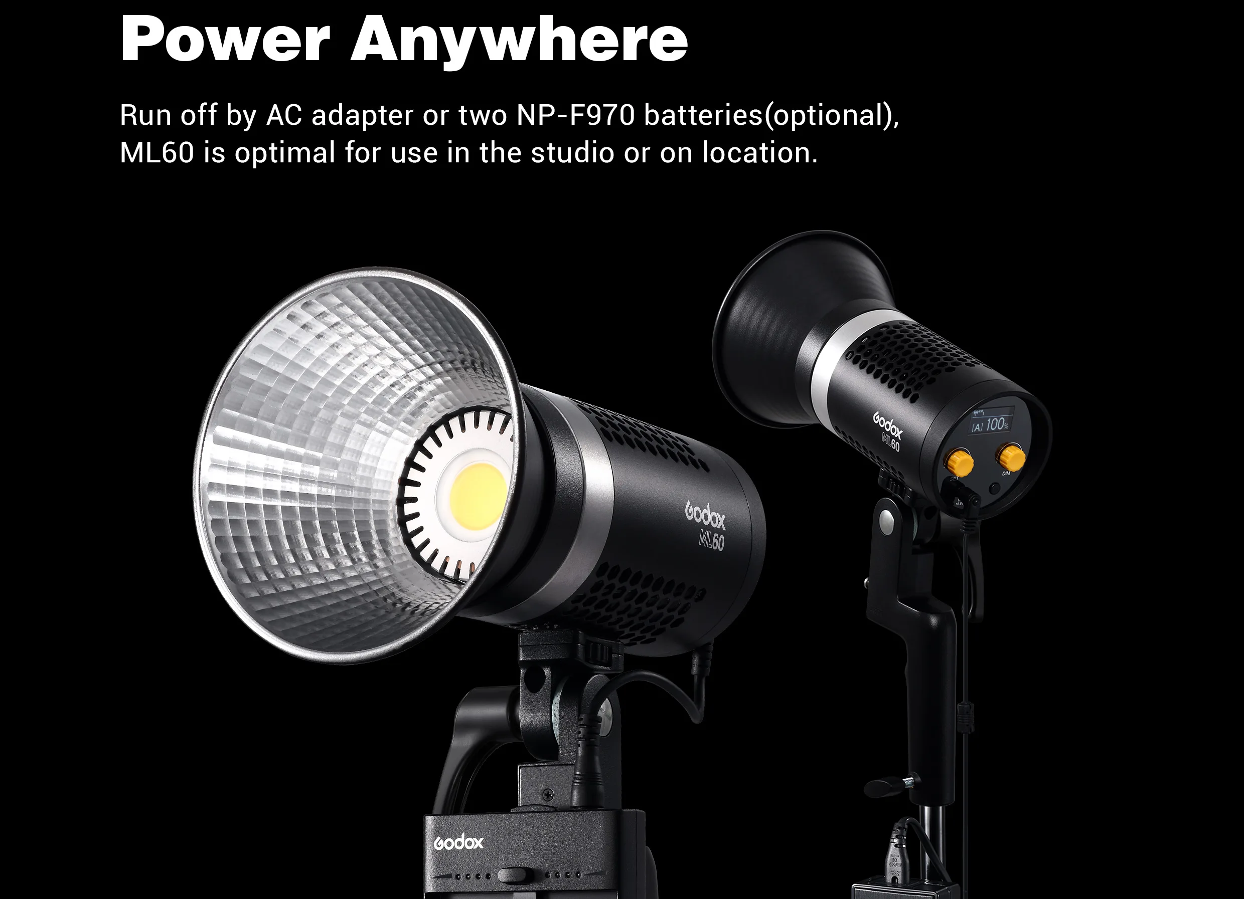 Godox ML60 60W Handheld LED Video Light CRI96+ TLCI 97+ with 2*NP