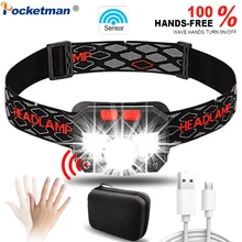 Супер яркий сенсорный налобный фонарь мощный светодиодный налобный светильник USB Перезаряжаемый головной светильник датчик движения головная лампа с usb-кабелем