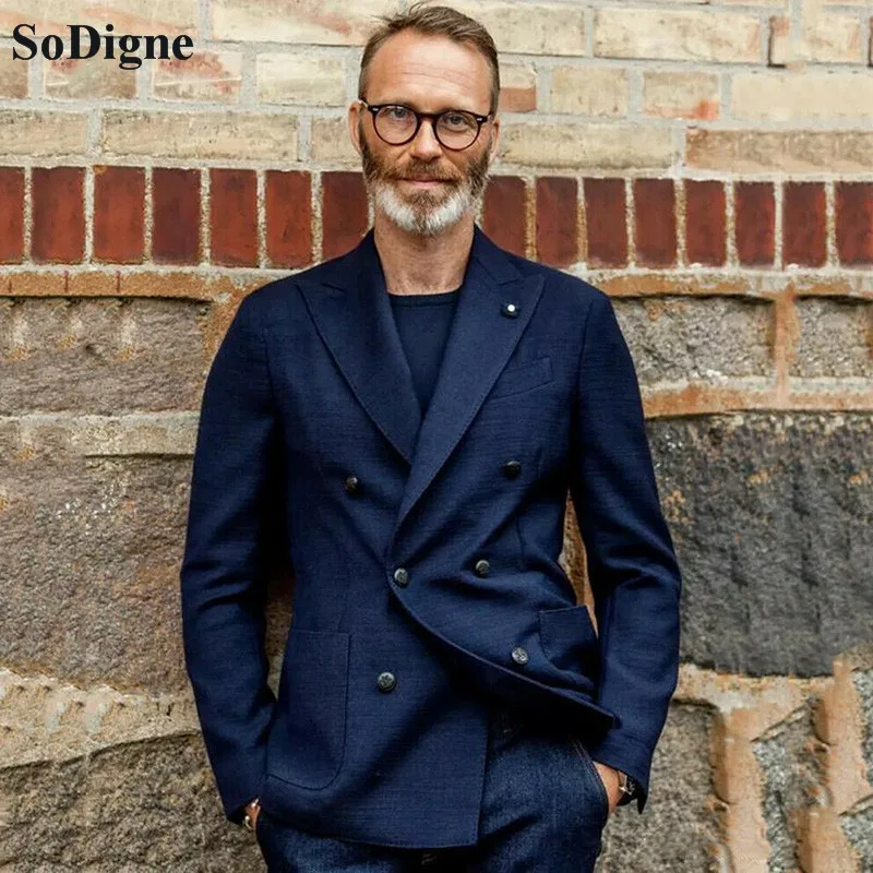 

SoDigne Navy Men's Suits Double Breasted Slim Fit Business Jacket And Pants Tracksuit Gentleman Suit