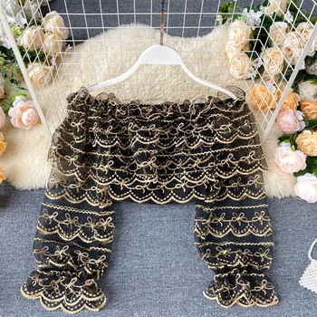 

Vintage Flare Long Sleeve Women Short Tops Shirts Summer 2020 Ruffle Slash Neck Black/Purple/White Embroidered Blouse For Female