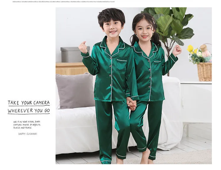 Spring And Autumn Solid Color Cardigan Imitated Silk Fabric CHILDREN'S Pajamas Winter Casual Long Sleeve Trousers BOY'S Women's