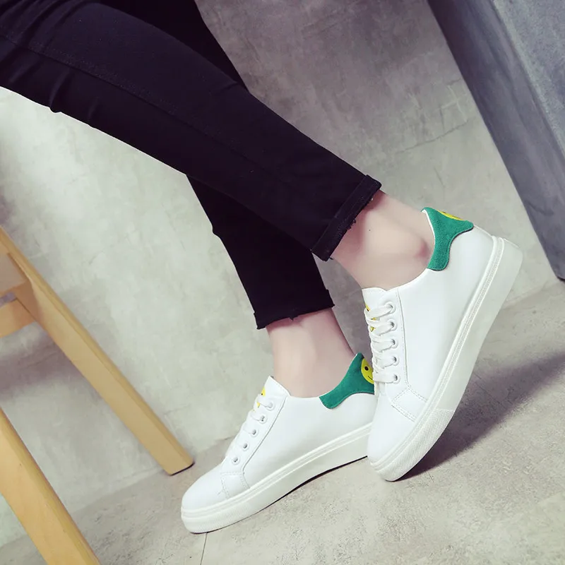 

Round-Toe Women's Smiley Low-top Shoes 2018 Spring-Style New Style Cartoon Solid Color White Shoes-2816