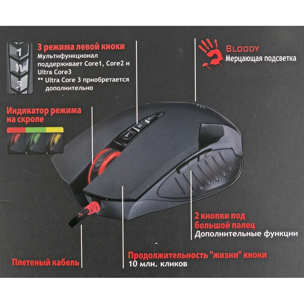 Мышь A4 Bloody V5M черный оптическая(3200dpi) USB игровая(8but