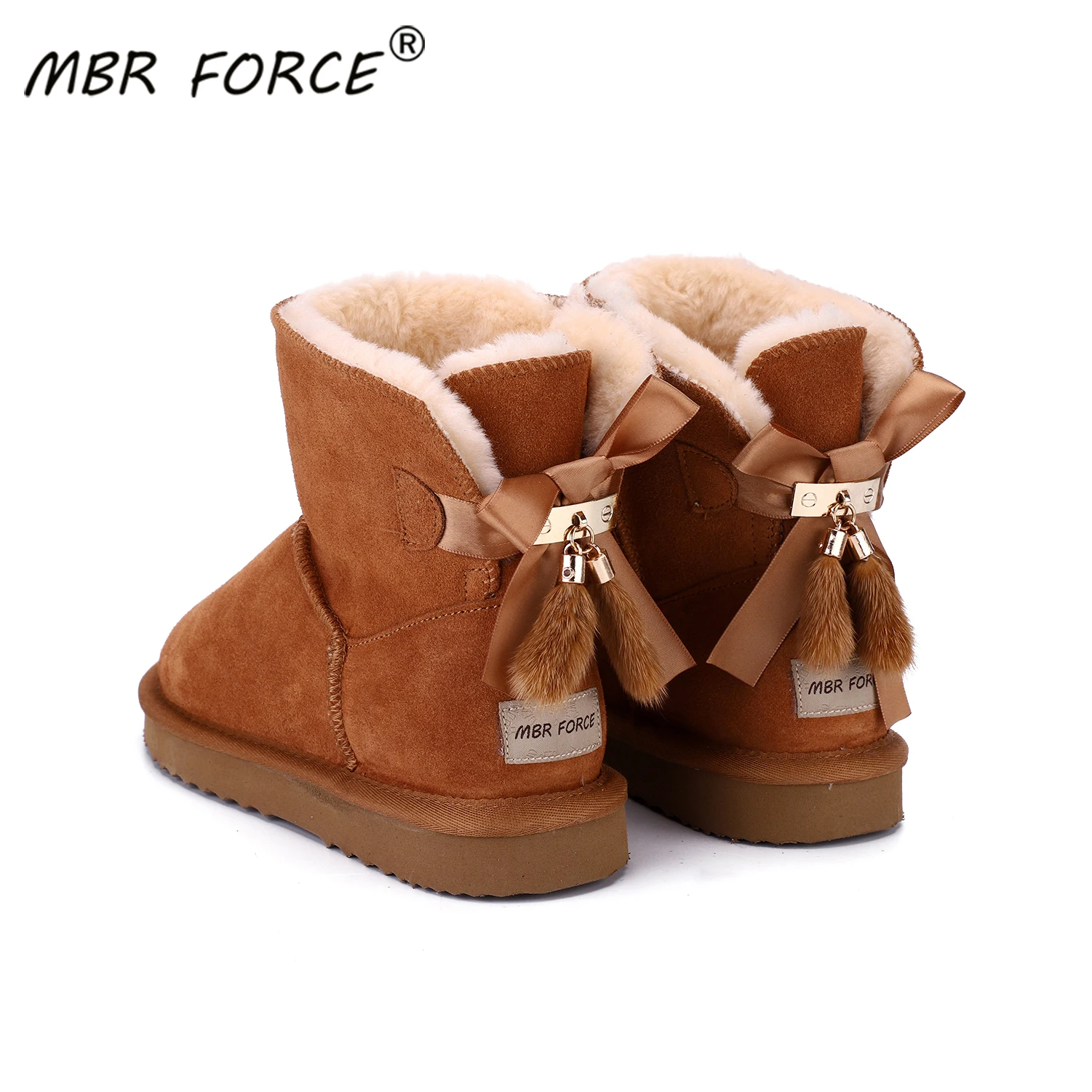 MBR FORCE Cowhide Leather Short plush Fur Lined Women Short Ankle Winter Suede Snow Boots with Bowknots Mink Tassels Warm Shoes