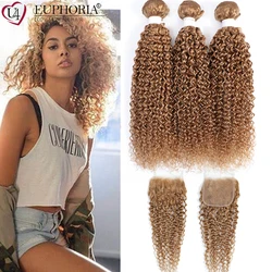 Blonde Color 27 Brazilian Remy Human Hair Kinky Curly Bundles With 4x4 Lace Closure 30 33 Brown 3 Bundles With Closure Euphoria