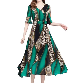 

2020 Leopard Print Dress Women Animal Print Summer V-neck Short Sleeve Dress Ruffles Patchwork Party Beach Dres #YL5