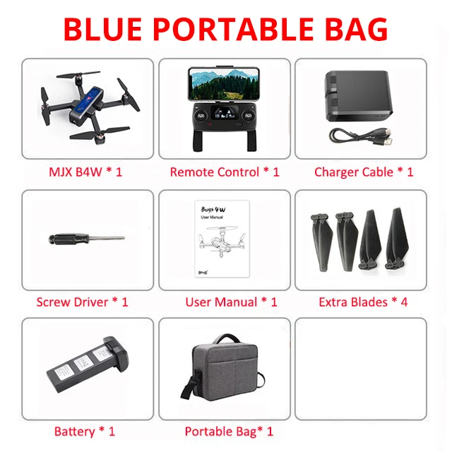 Профессиональный Дрон MJX Bugs 4W B4W gps камера 2K HD 5G wifi FPV RC Квадрокоптер анти-встряхивание 1600 м 25 мин бесщеточный двигатель Дрон VS B5W - Цвет: Blue Portable Bag