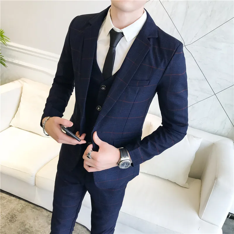 2019 autumn new men's plaid suit 3-piece suit (blazert + suit pants + vest) men's wedding dress slim business casual suit 2019 autumn new men's plaid suit 3-piece suit (blazert + suit pants + vest) men's wedding dress slim business casual suit