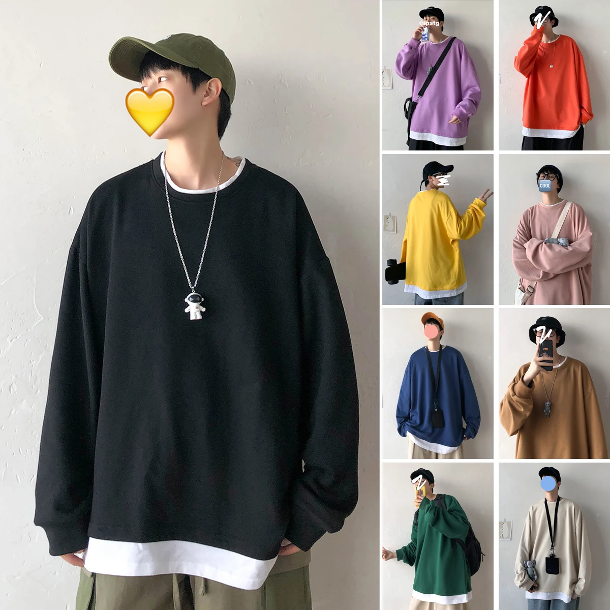 

10 Colors False Two Pieces Sweatshirt and Pullover Hoodies for Men 2020 Harajuku Fashion Clothing Two Color Crewneck Sweatshirts