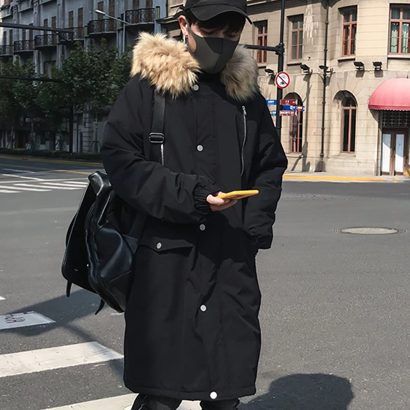 Мужские черные длинные парки в японском стиле с меховым капюшоном на молнии спереди, Мужская Утепленная куртка, теплая зимняя верхняя одежда