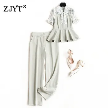 

Elegant Lady Two piece Outfits for Women Pants and Top 2020 New Summer Bow Collar Chiffon Patchwork Blouse Pants Matching Set