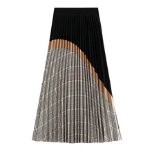 Бархатная длинная Плиссированная юбка женская мода осень зима корейский контрастный цвет А-силуэт миди-юбка с высокой талией Женская