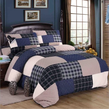 

3/4pcs blue Jigsaw puzzle Bed cover American modern style Bedding set High-end Bedspread plaid Quilt Quilting Blanket Pillowcase