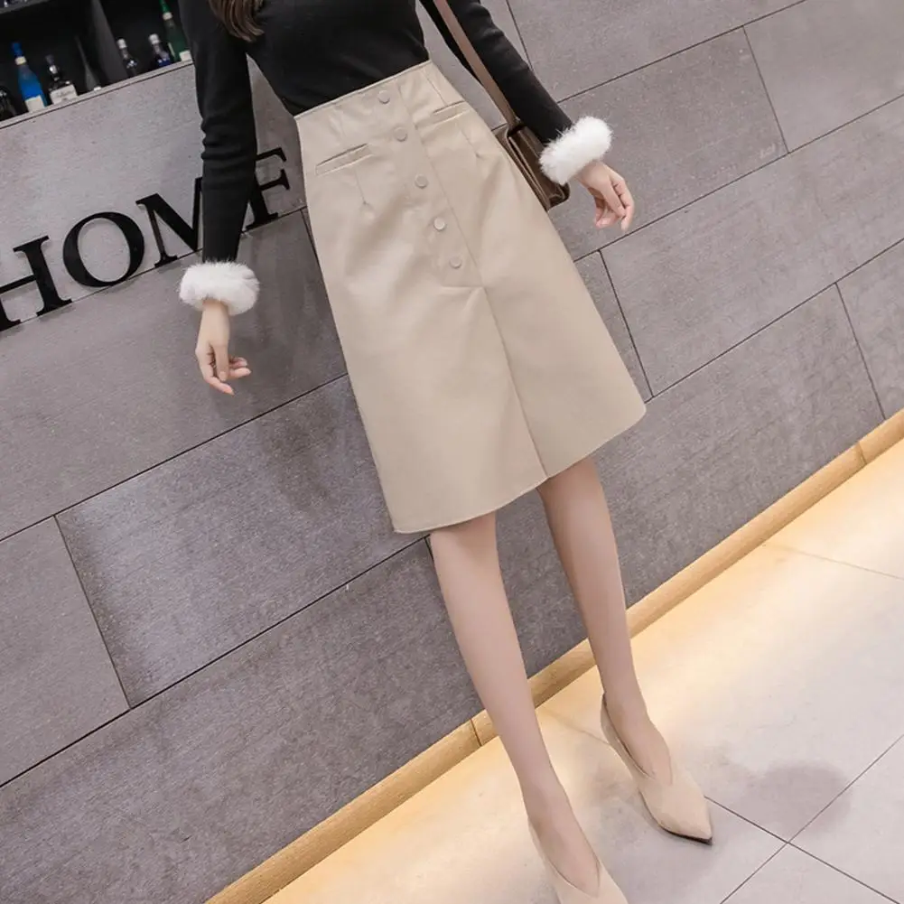 apricot Yfashion зима-осень модная юбка из искусственной кожи Высокая талия тонкая прямая Длинная и средняя юбка для женщин - Цвет: apricot