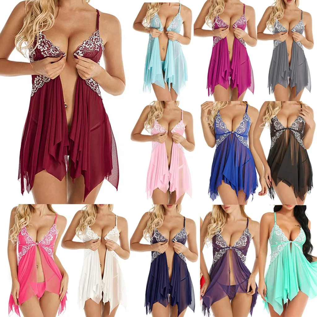 Женское нижнее белье с застежкой спереди Babydoll Сексуальное цветочное кружевное с v-образным вырезом Сетчатое нижнее белье комплект пижамы пеньюар сексуальное нижнее белье
