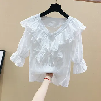 

Lace Ruffles Patchwork Women Blouse 2020 Summer New V-Neck Flare Sleeved Loose Solid White Lady Elegant Pulls Tops