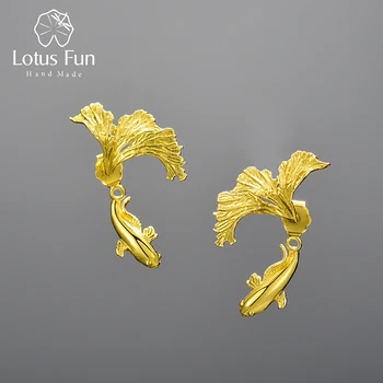 Lotus Fun 18K Gold Unusual Divided Design Fighting Fish Stud Earrings for Women 925 Sterling Silver Original Jewelry 2021 Trend